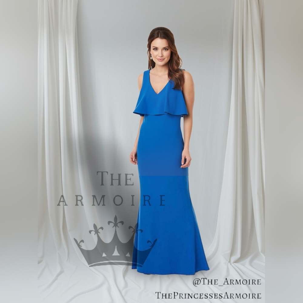 Badgley Mischka Royal Blue V-Neck Ruffle Maxi Dress